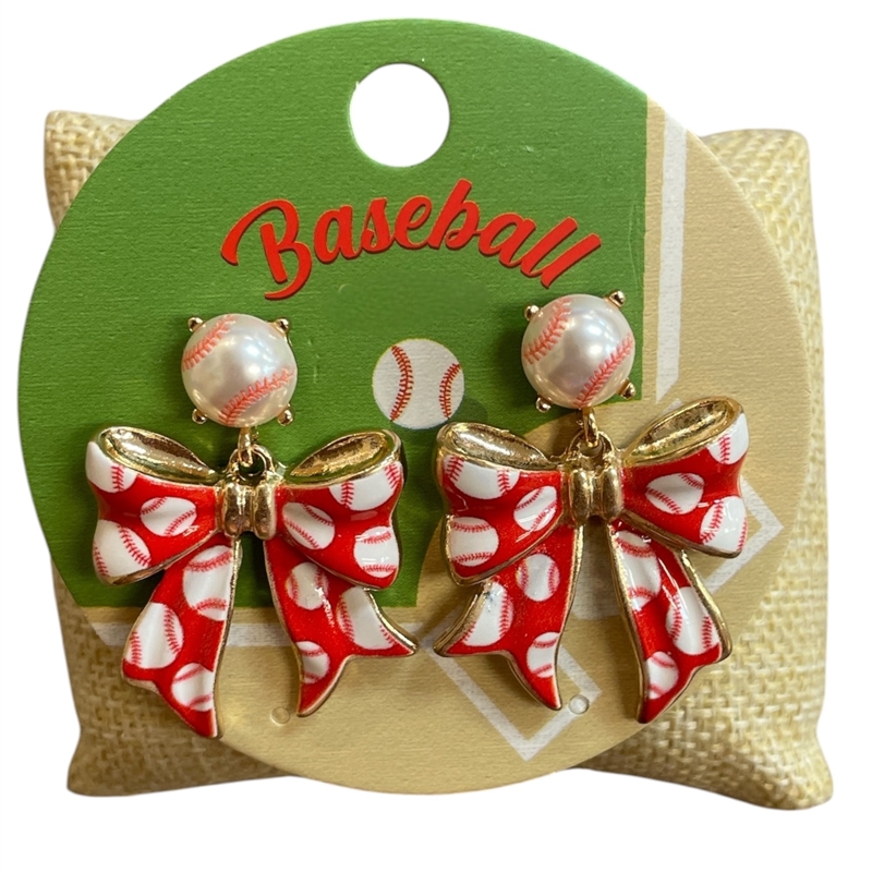 C6E2437 RED BASEBALL BOW DROP POST DANGLE EARRINGS