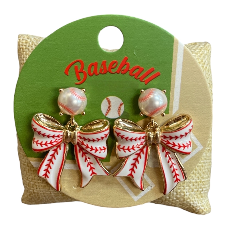 C6E2437 WHITE BASEBALL BOW DROP POST DANGLE EARRINGS
