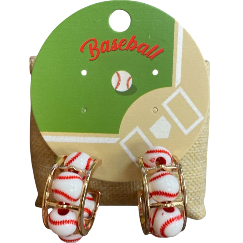 C6E2442 GOLD BASEBALL BEADED SMALL OPEN HOOP EARRINGS