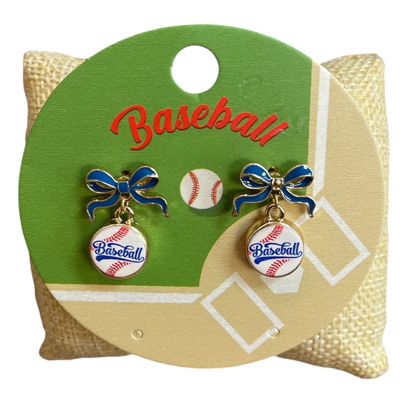C6E2444 BLUE BOW BASEBALL DROP STUD EARRINGS