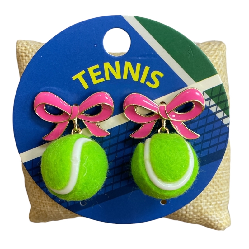 C6E2454 BOW GREEN PUFF TENNIS BALL POST EARRINGS