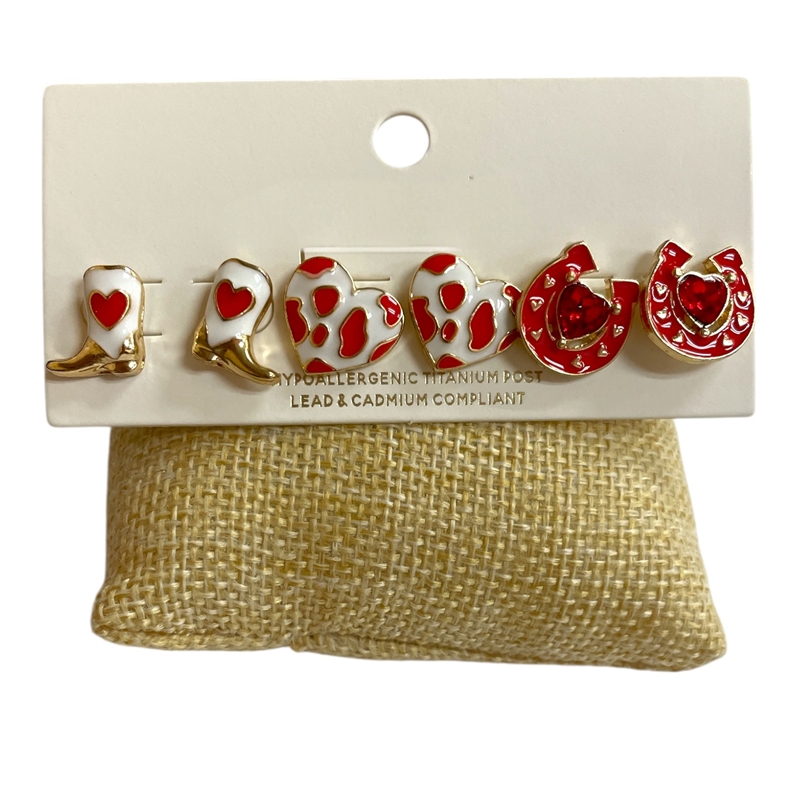 C6ES2063  RED COWGIRL 3PC SET  EARRINGS