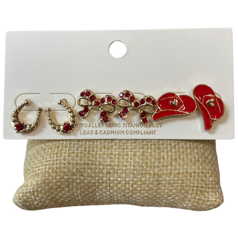 C6ES2064 GOLD & RED MULTI WESTERN 3 PAIR STUD EARRING SET