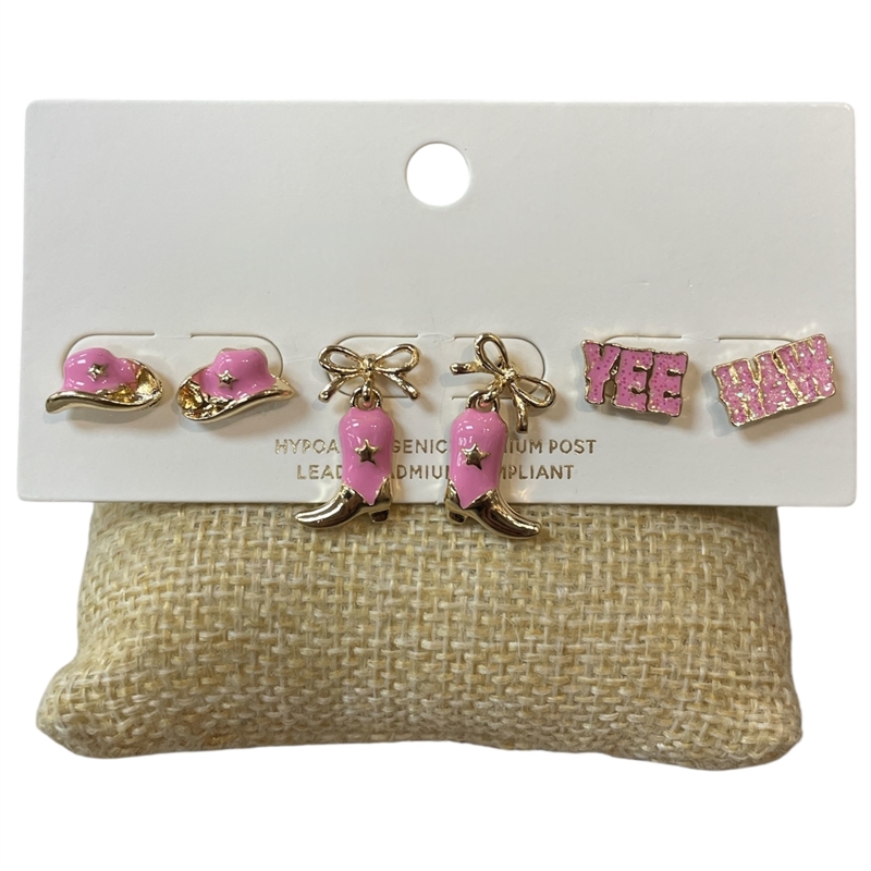 C6ES2093 GOLD MULTI WESTERN 3 PAIR STUD EARRING SET