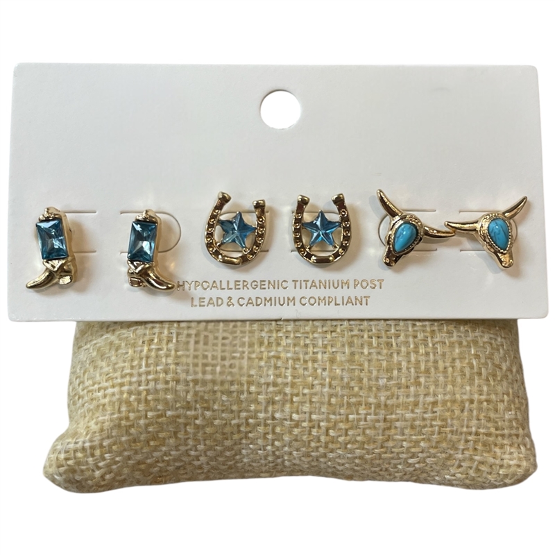 C6ES2094 TURQUOISE MULTI WESTERN 3 PAIR STUD EARRING SET