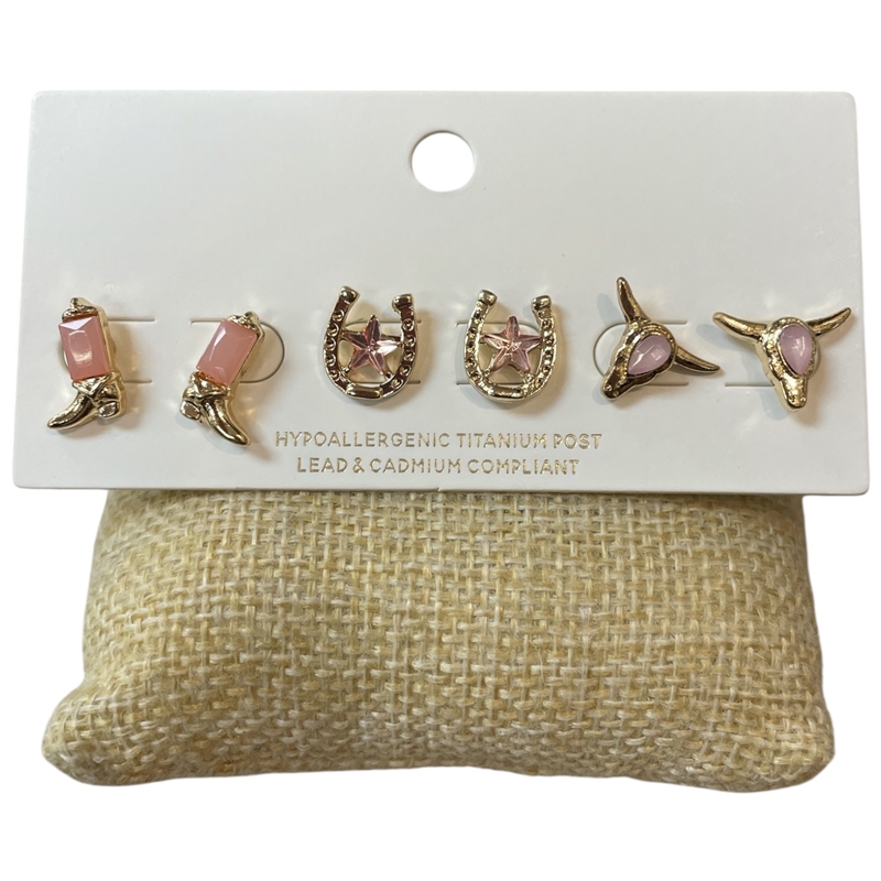 C6ES2094 PINK & GOLD MULTI WESTERN 3 PAIR STUD EARRING SET