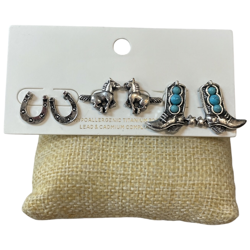 C6ES2100 SILVER MULTI WESTERN 3 PAIR STUD EARRING SET