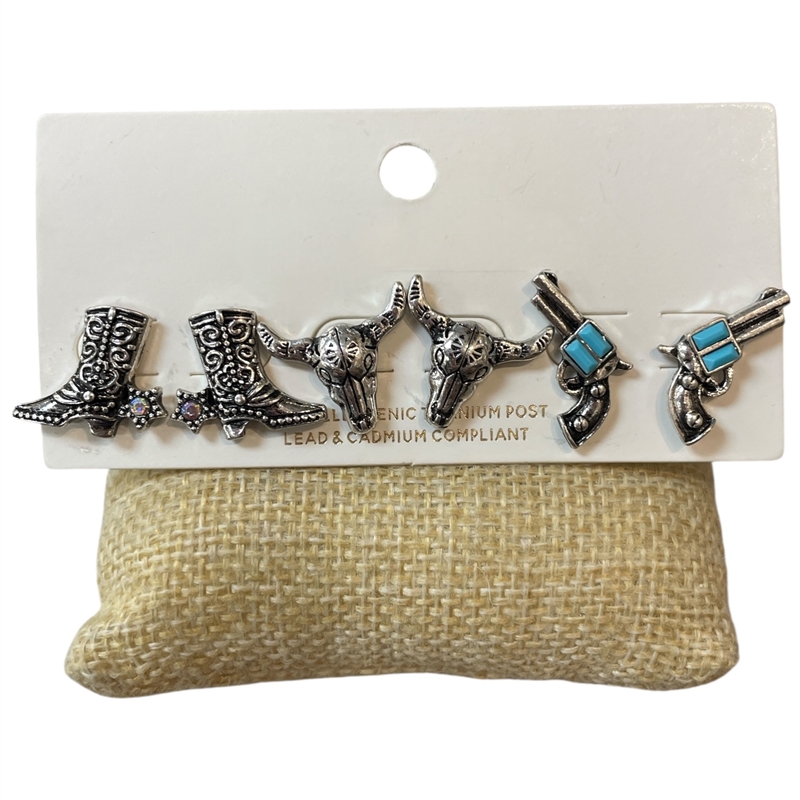 C6ES2101 SILVER MULTI WESTERN 3 PAIR STUD EARRING SET