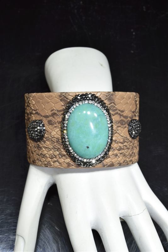 CB100 AQUA STONE BROWN SNAKE SKIN CLAY DRUZY BANGLE