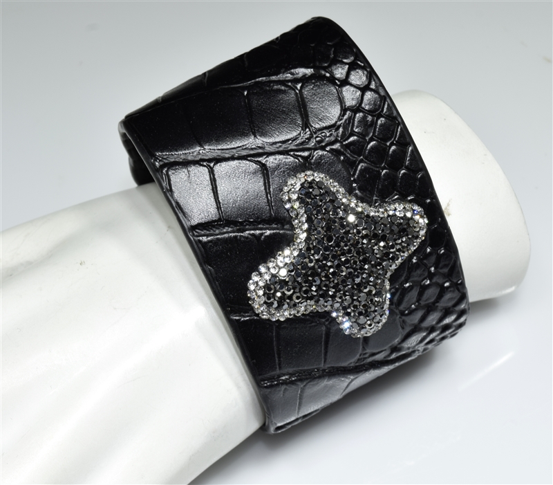 CB111 RHINESTONE CROSS BLACK SNAKE SKIN CLAY DRUZY BANGLE