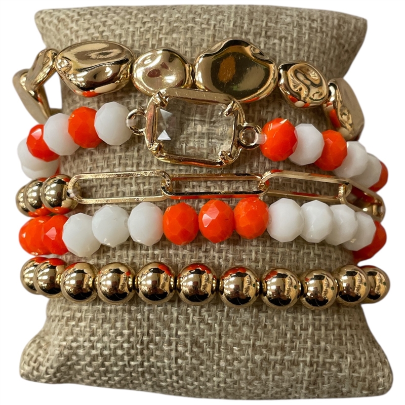 CB2286 ORANGE AND WHITE BEADED 5PCS BRACELET