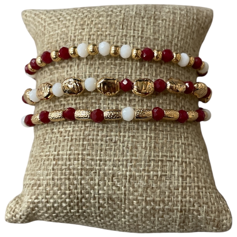 CB2296 BURGUNDY AND WHITE BEADED 3PCS BRACELET