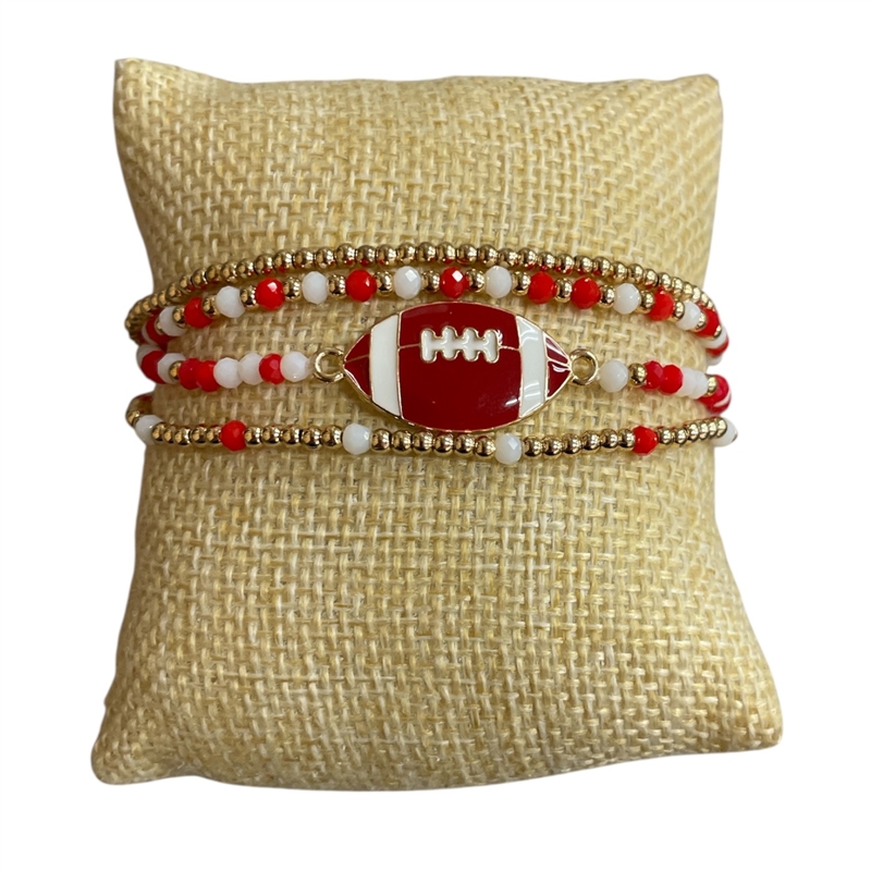 CB2299R  FOOTBALL  RED WHITE  4PC SET BRACELET