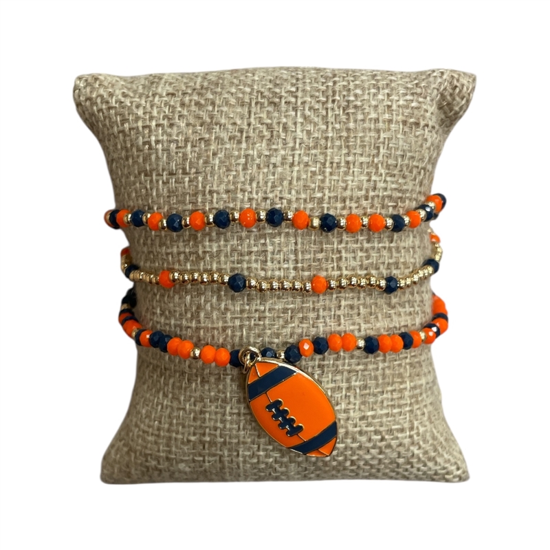 CB2300O FOOT BALL CHARM ORANGE & BLUE 3 PCS BRACELET SET