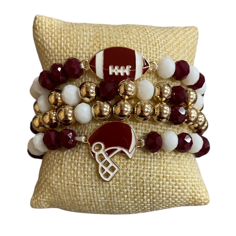 CB2301BG  FOOTBALL  BURGUNDY WHITE  4PC SET BRACELET