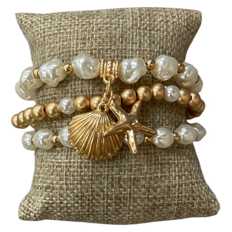 CB2317 MATTE PEARL BEADED SEA LIFE SHELL BRACELET SET