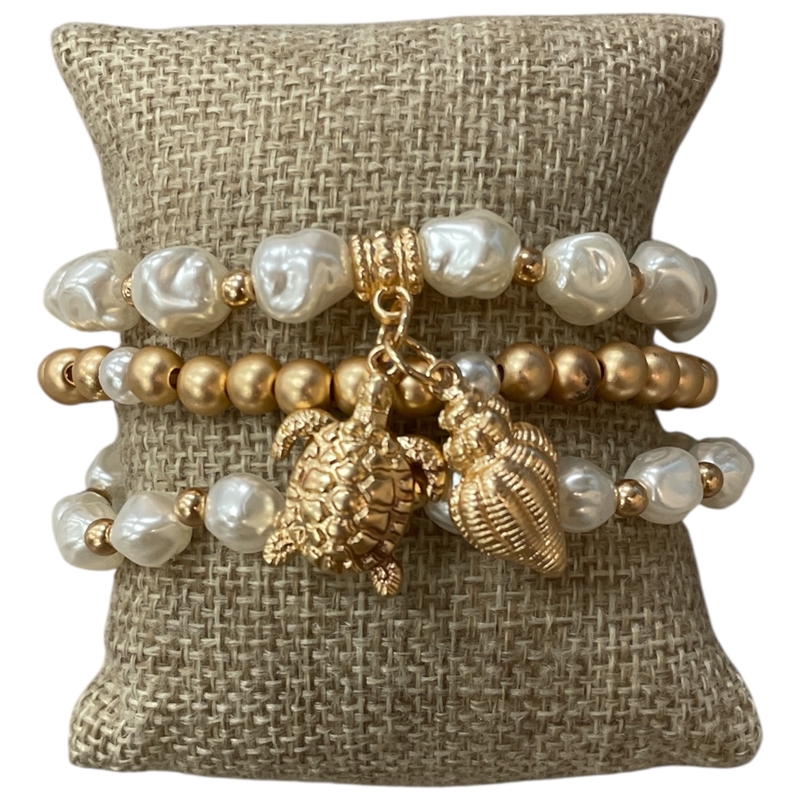 CB2318 MATTE PEARL BEADED SEA LIFE TURTLE BRACELET SET