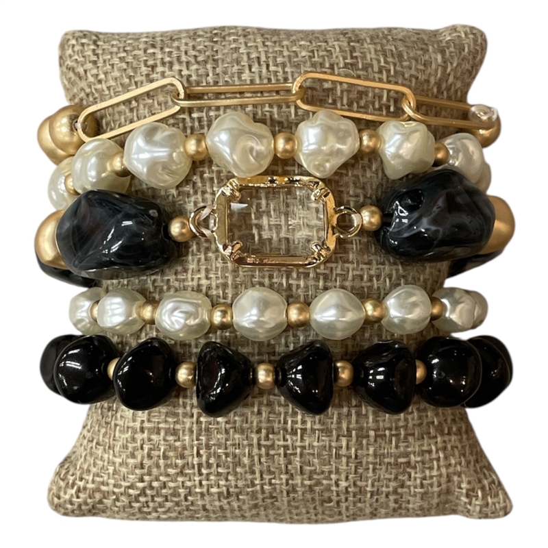 CB2342 PEARL ACRYLIC MULTI BEADED 5 PC BRACELET SET