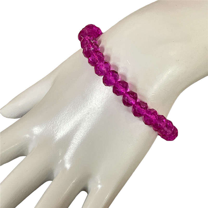 CB8FC 8MM CRYSTAL CLEAR FUCHSIA BEADED BRACELET