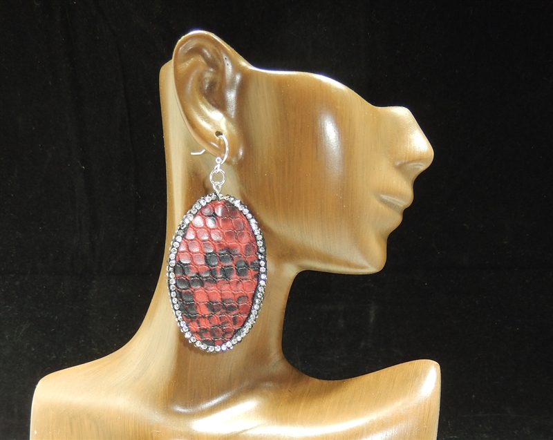 CD127 RED OVAL CLAY DRUZY SNAKESKIN EARRINGS