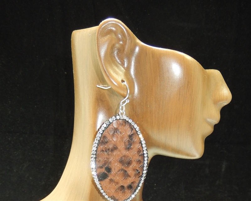 CD129 BROWN OVAL CLAY DRUZY SNAKESKIN EARRINGS