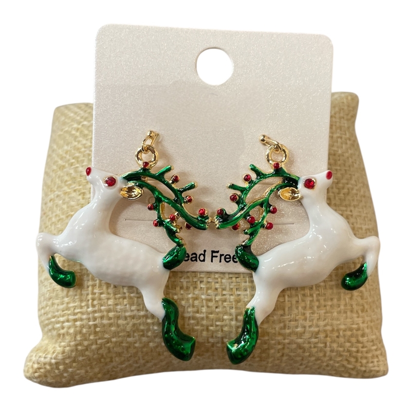 CE11083W  WHITE GREEN REINDEER EARRINGS