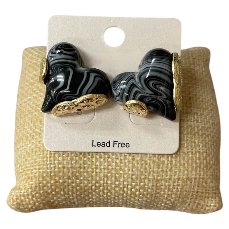 CE11802 BLACK STONE HEART GOLD STUD EARRINGS