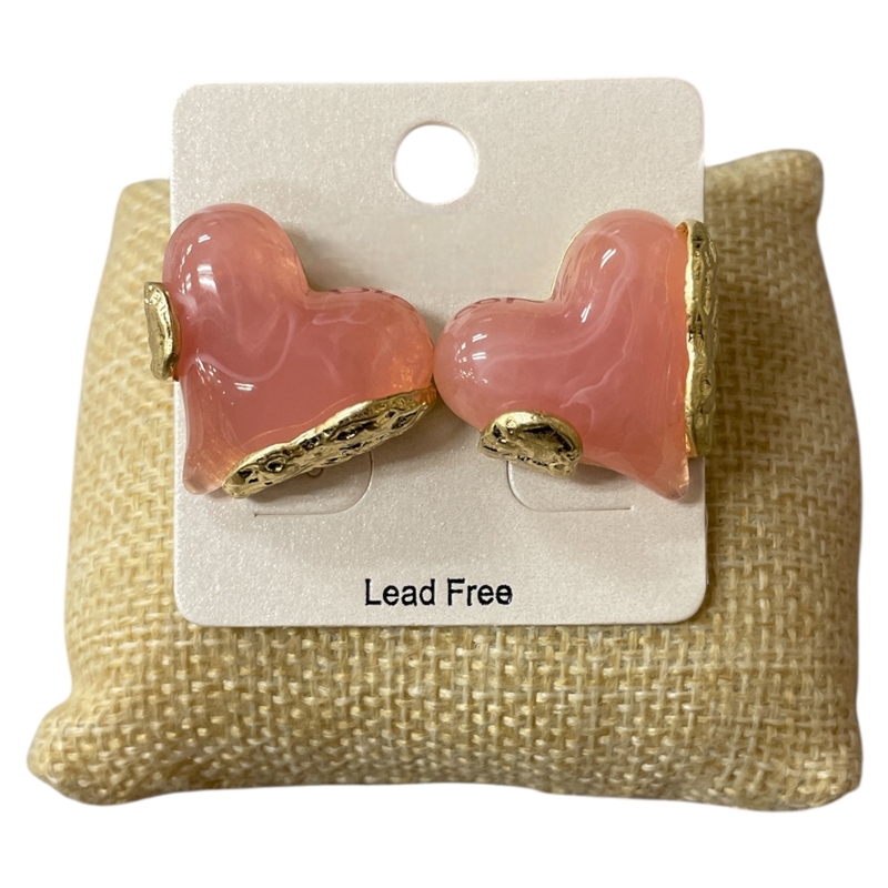 CE11802 PINK STONE HEART GOLD STUD EARRINGS