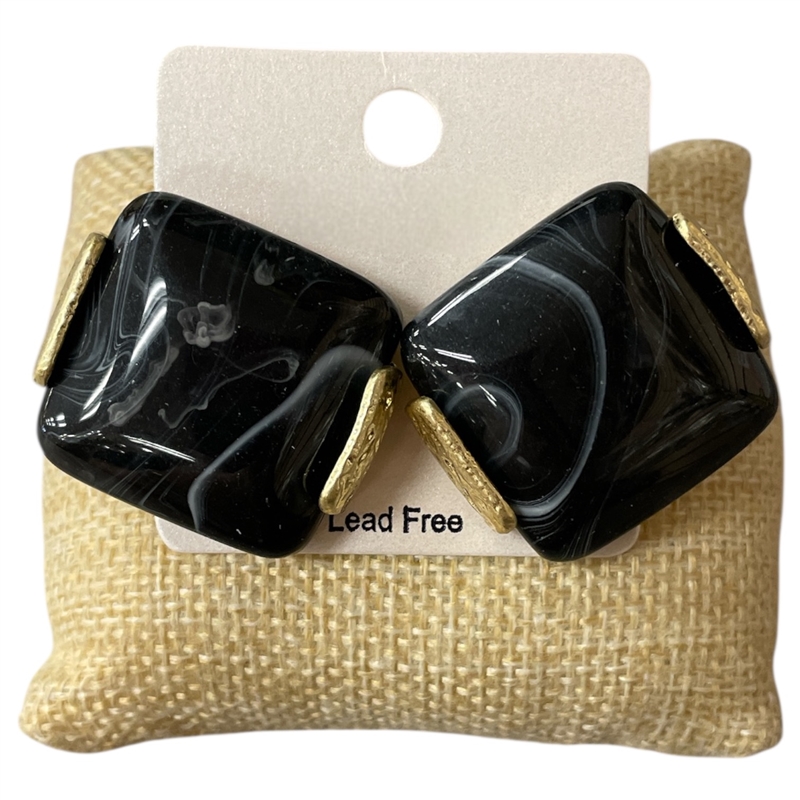 CE11804 BLACK STONE SQUARE GOLD EARRINGS