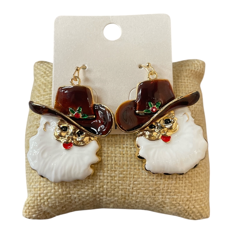 CE11829 BROWN HAT COWBOY SANTA EARRINGS