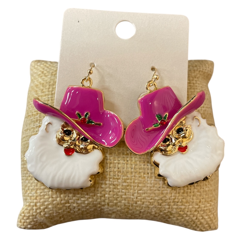 CE11829P  PINK HAT COWBOY SANTA EARRINGS
