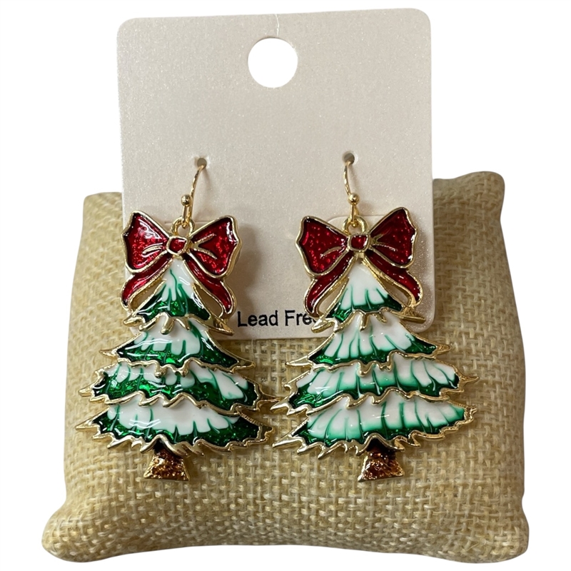 CE11831W RED BOW  WHITE & GREEN XMAS TREE EARRINGS