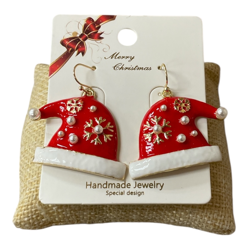 CE11840 PEARLS RED SANTA'S HAT EARRINGS