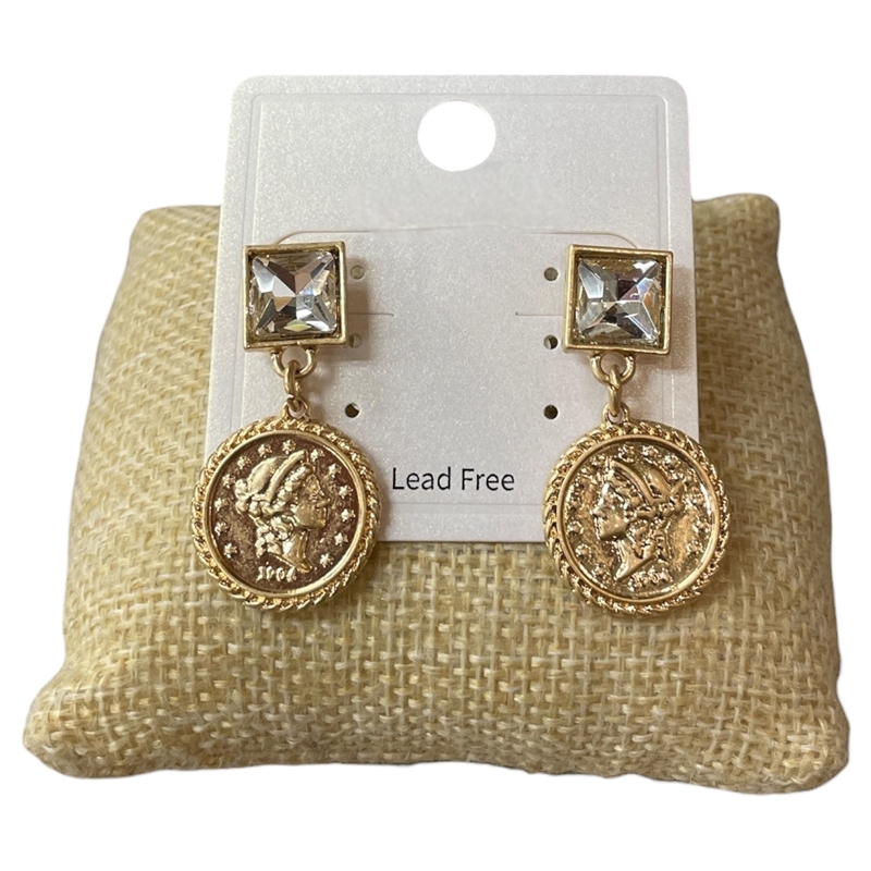 CE11922 GOLD SMALL COIN CRYSTAL POST EARRINGS