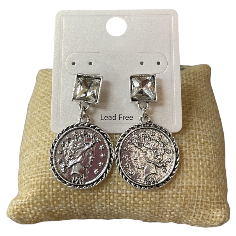 CE11935 LIBERTY COIN CRYSTAL POST EARRINGS