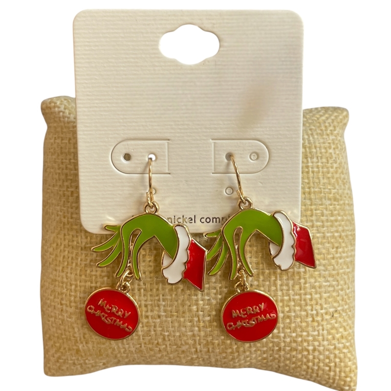 CE1707 MERRY CHRISTMAS GRINCH HAND DANGLE EARRINGS