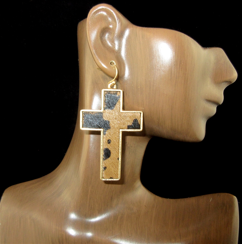 CE3694 COW PRINT LEATHER ANTIQUE GOLD CROSS EARRINGS