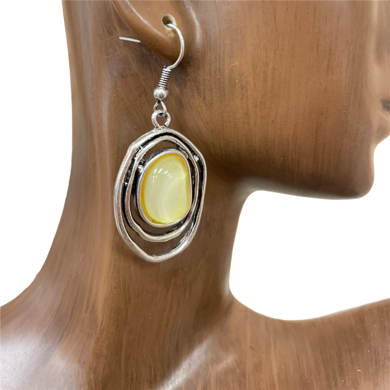 CE4049 SILVER CIRCLE  YELLOW STONE IN CENTER EARRINGS