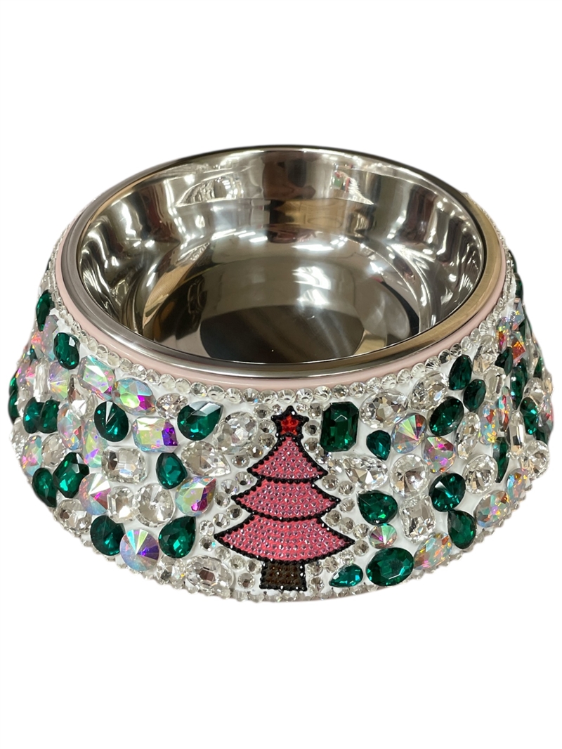 CHR11  SANTA  PINK CRYSTAL STONE DOG BOWL
