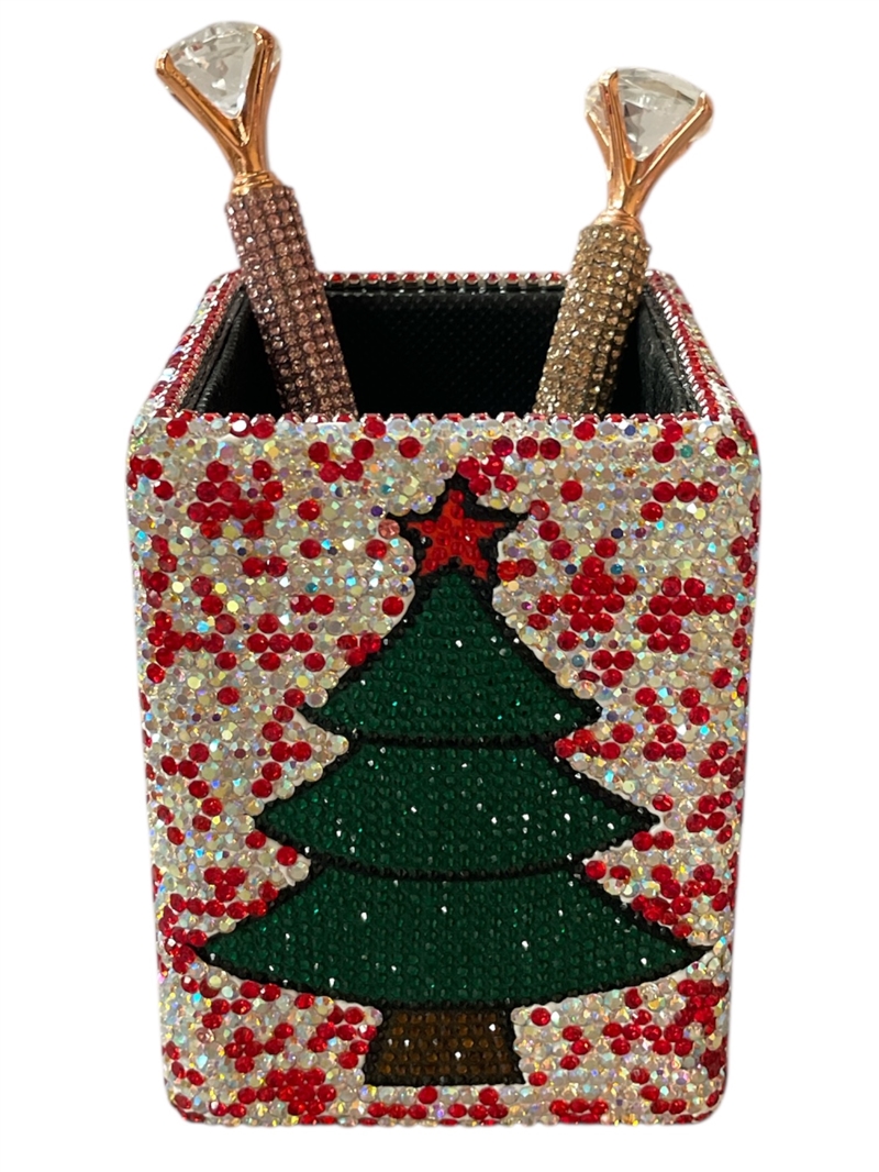 CHR15 GREEN TREE RED RHINESTONE PEN HOLDER
