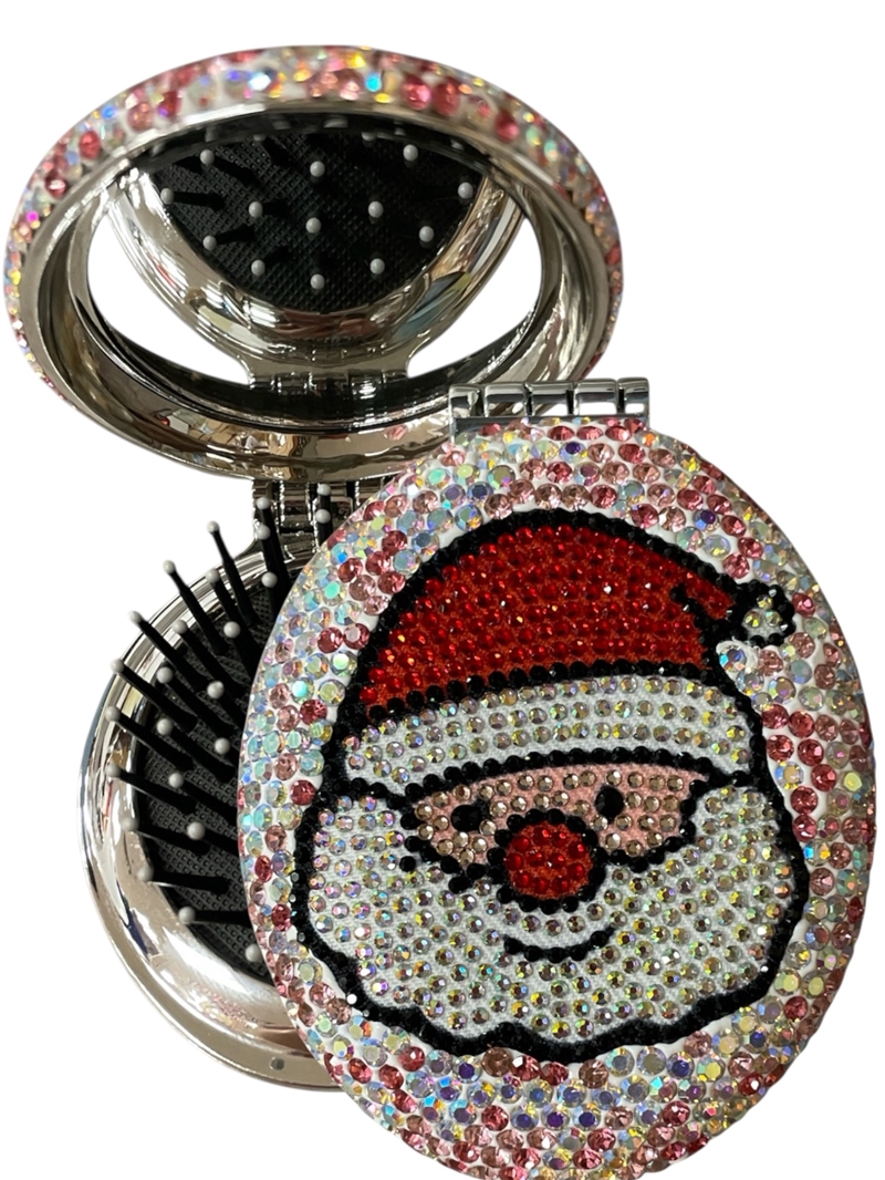 CHR56   PINK SANTA  HAIR BRUSH WITH MIRROR