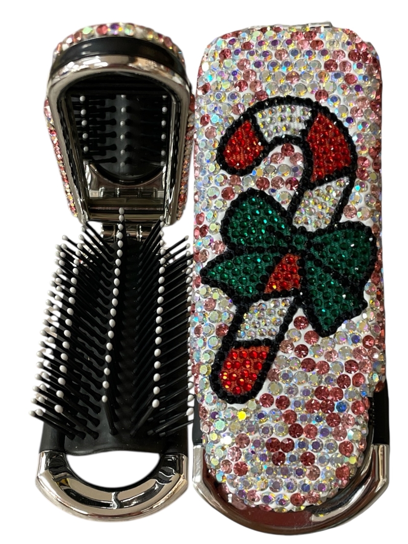CHR58  PINK CANDY CANE  HAIR BRUSH WITH MIRROR