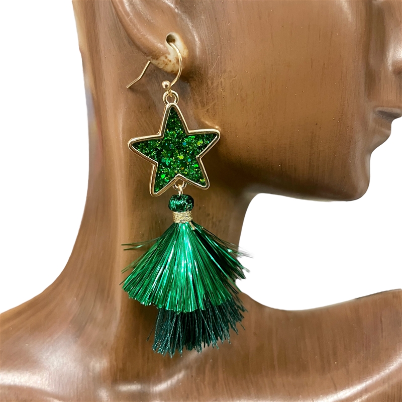 CIE2355GN  GREEN STAR & TINSEL TASSEL EARRINGS