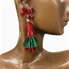 CIE2538 RED & GREEN TINSEL TASSEL  EARRINGS