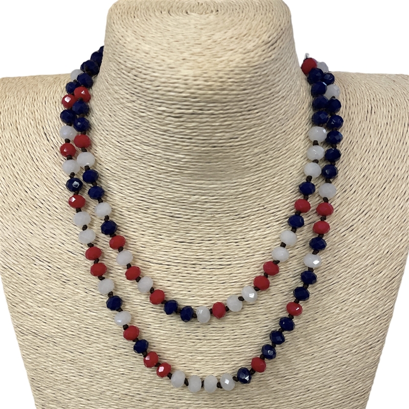CN368USA  36'' 8MM BLUE RED WHITE CRYSTAL NECKLACE