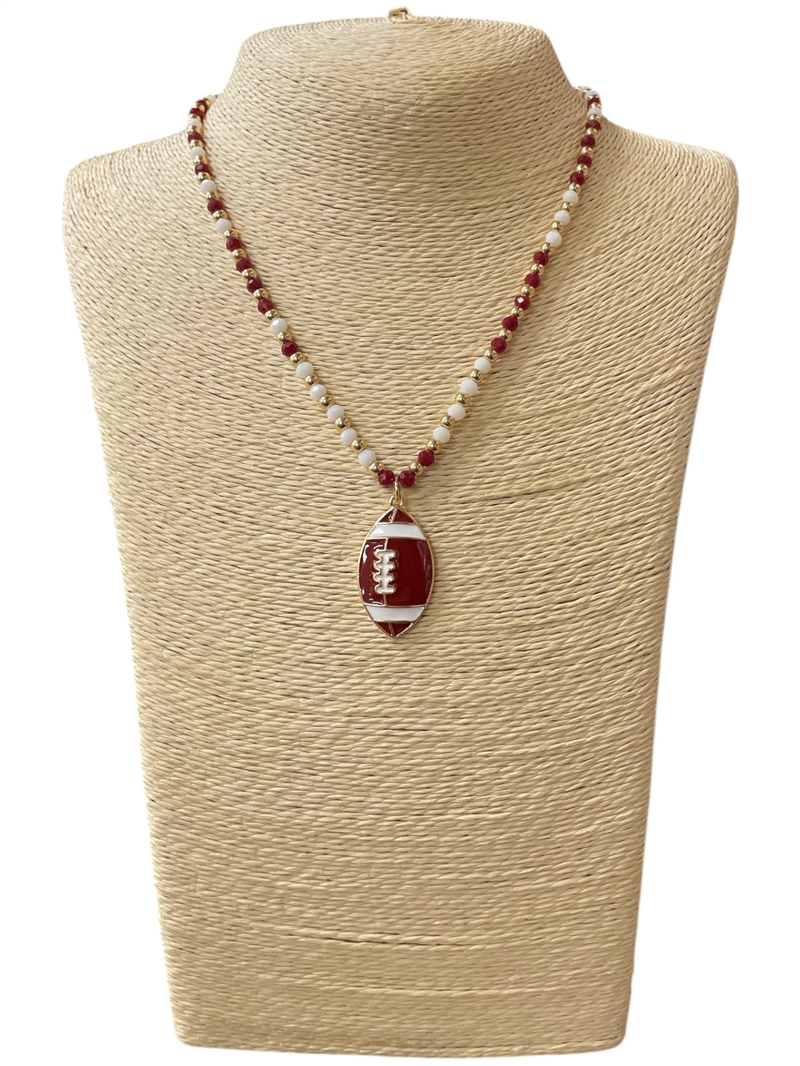 CN4400 BURGUNDY AND WHITE BEADED FOOTBALL SHORT NECKLACE