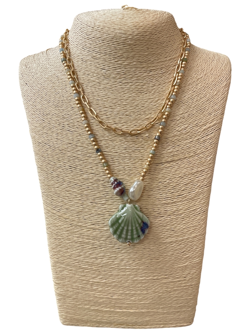 CN4418 CERAMIC SEA-SHELL BEADED 2 PCS NECKLACE SET