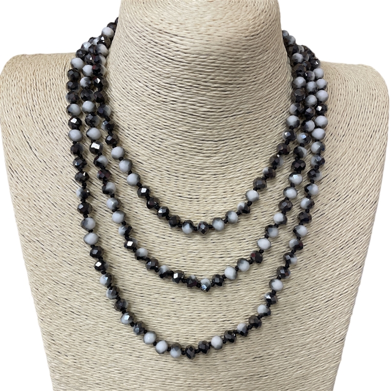 CN608HF  ''60'' 8MM HEMATITE OFF WHITE MIX  CRYSTAL NECKLACE
