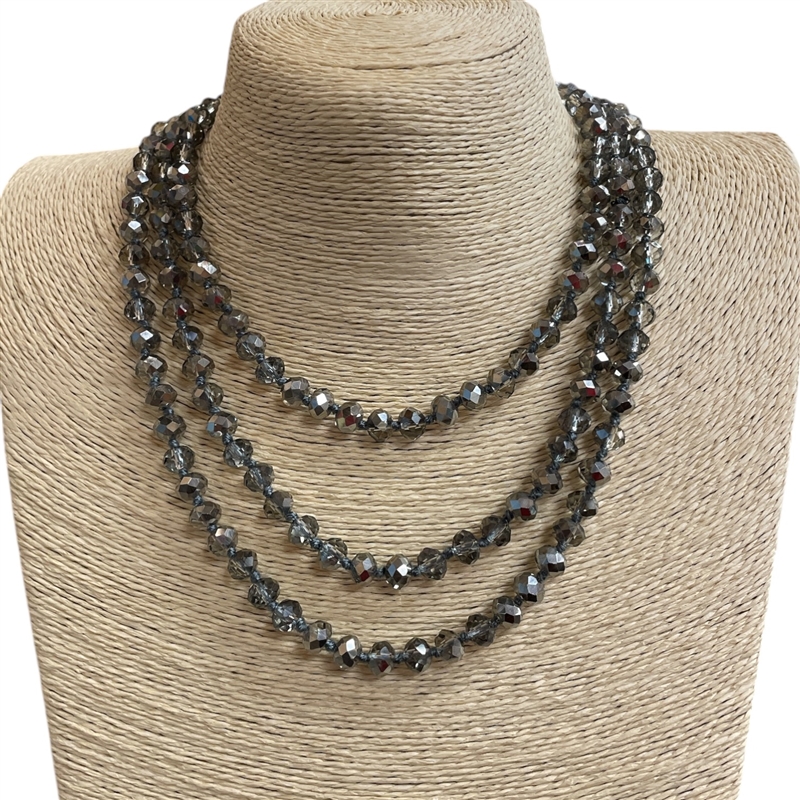 CN608MG ''60'' 8MM GRAY CORD CLEAR METALLIC GRAY CRYSTAL NECKLACE