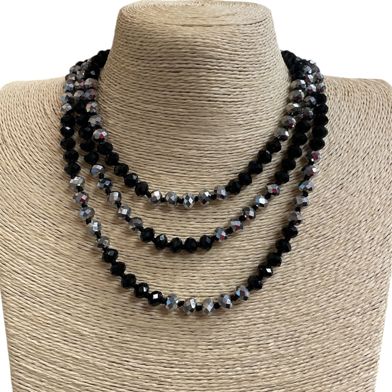 CN608MSB''60'' 8MM METALLIC SILVER & BLACK CRYSTAL NECKLACE